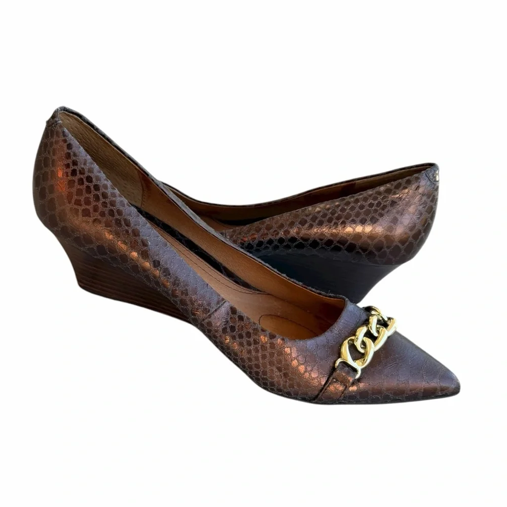 Soft Abbot Brown Leather Wedge with Snakeskin Print & Gold Chain Detail Size 11M